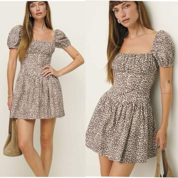 Reformation Marielle Mini Brown Dress Leopard Size 10 - Picture 1 of 10